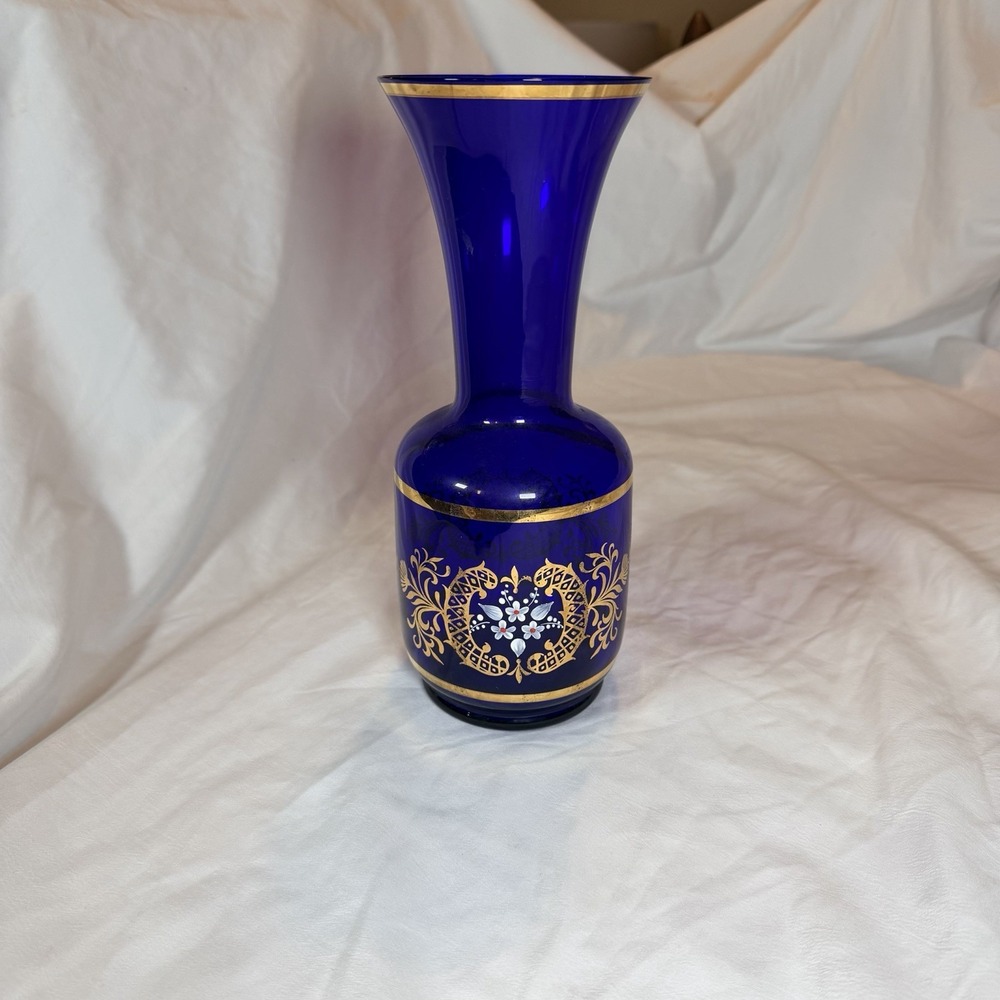 Bohemian Czech Cobalt  Blue and Gold Hand Painted Floral Glass Vase -10 " Tall